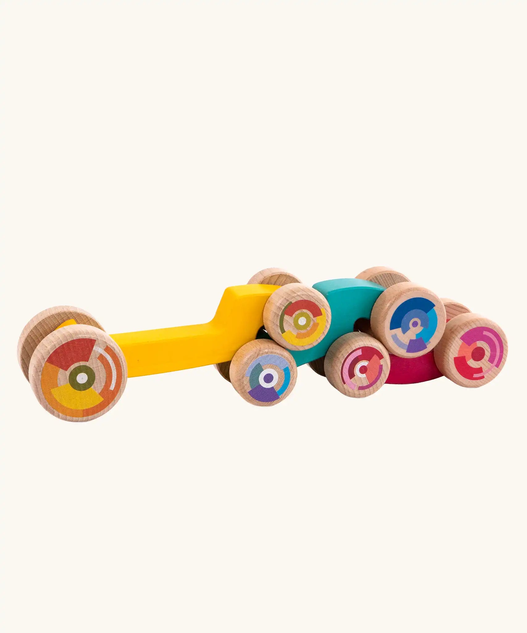 Tobe 3ple Stacking Cars wooden toys. Pink, blue and yellow coloured toy cars.