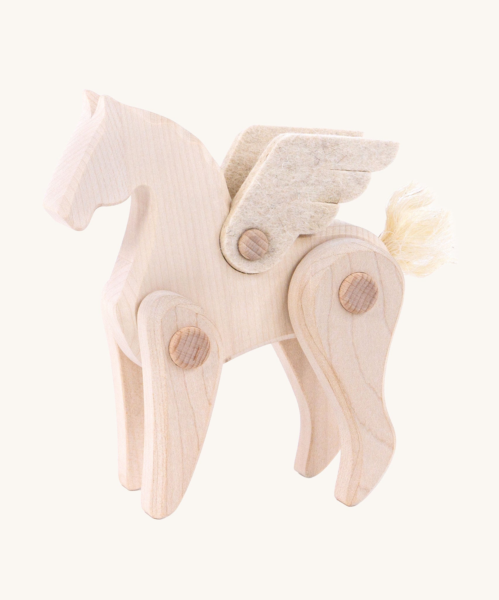 Tobe natural light wood pegasus toy figure with pose-able limbs. Tobe is part of the Bajo family. These heirloom quality toys by Bajo are part of a wide range of wooden toys available here at Babipur. 