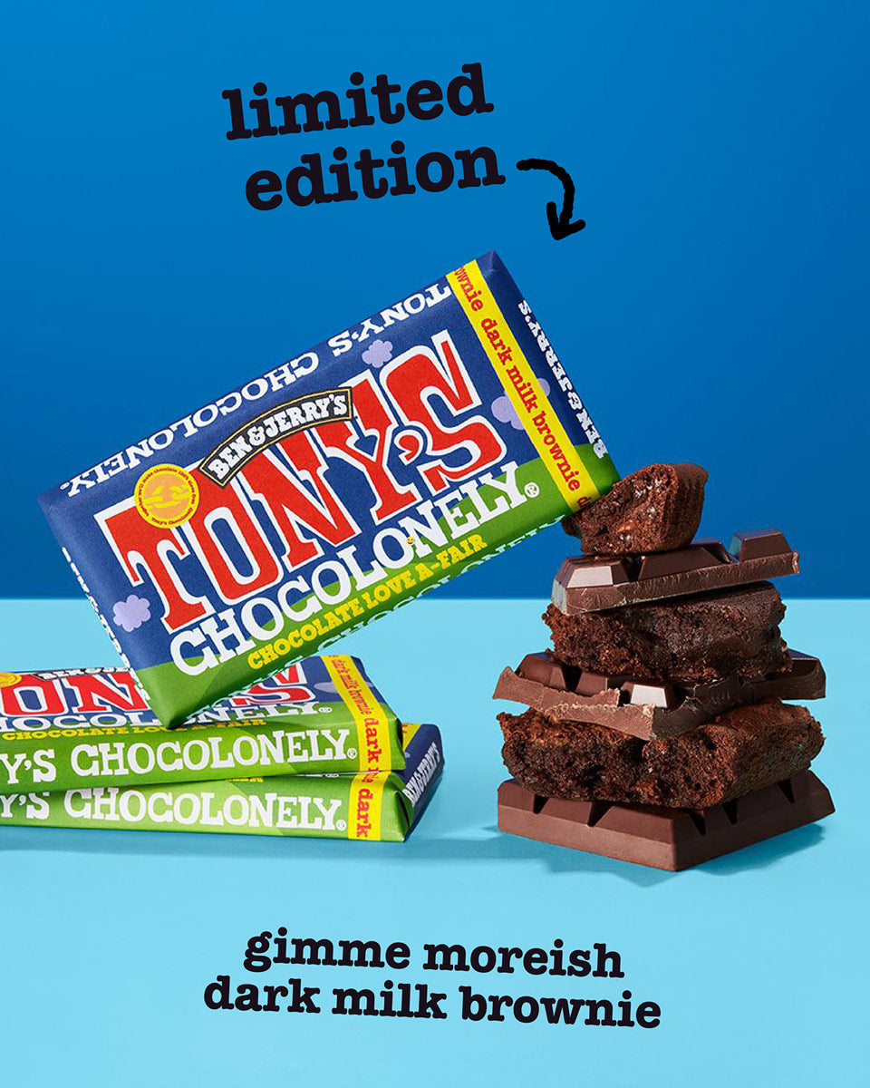 Tony's Chocolonely x Ben & Jerry's Fairtrade chocolate brownie bar in a stack on a blue background