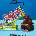 Tony's Chocolonely x Ben & Jerry's Fairtrade chocolate brownie bar in a stack on a blue background