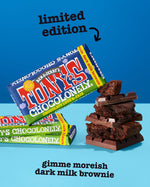 Tony's Chocolonely x Ben & Jerry's Fairtrade chocolate brownie bar in a stack on a blue background