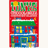 The closed red coloured box of Tony's Chocolonely advent calendar on a cream background