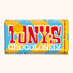 Tony's Chocolonely Fairtrade Rice Crispy Caramel Milk Chocolate Bar in it's yellow and blue paper packaging. 