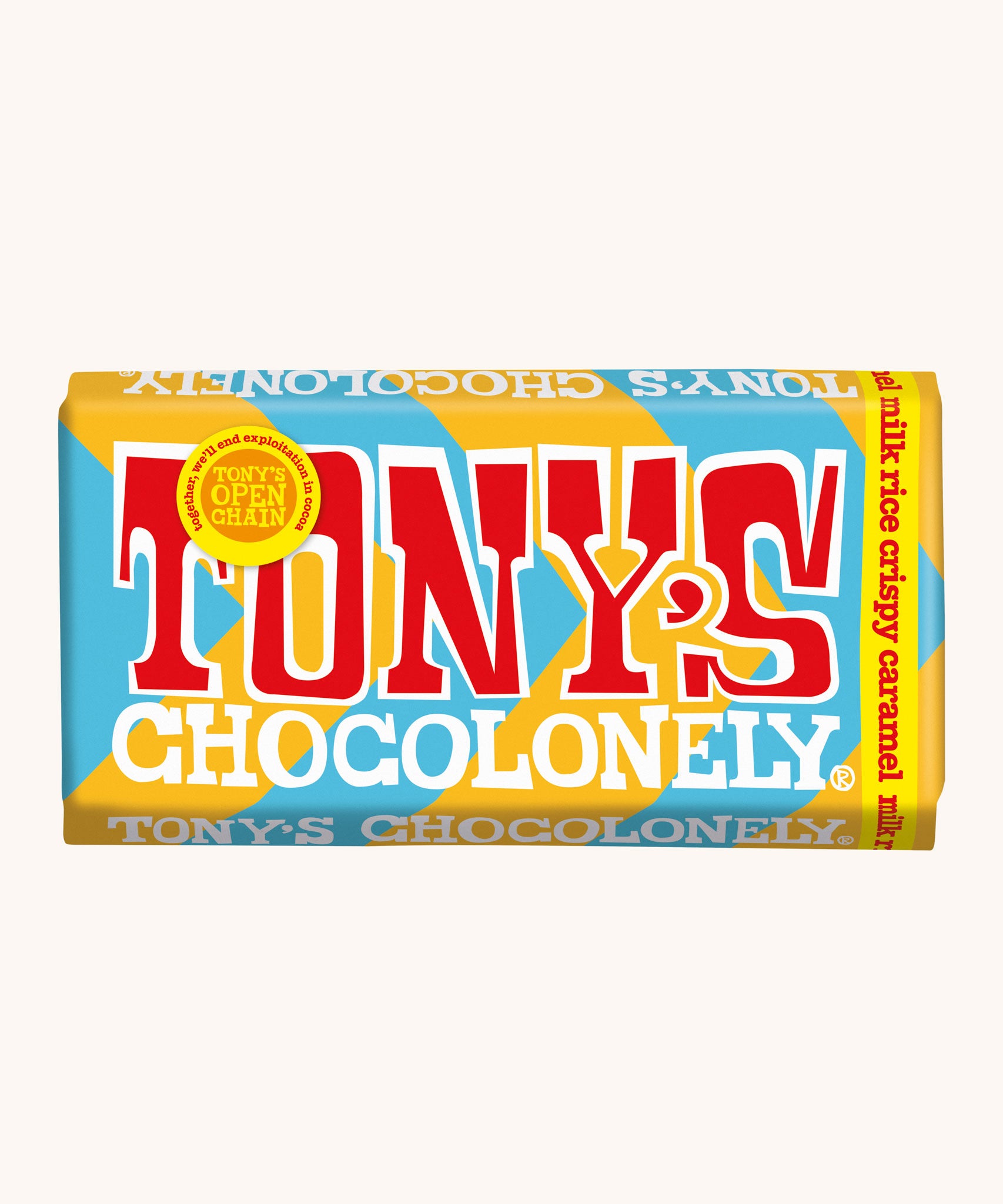 Tony's Chocolonely Fairtrade Rice Crispy Caramel Milk Chocolate Bar in it's yellow and blue paper packaging. 