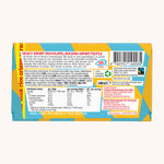 Tony's Chocolonely Rice Crispy Caramel Milk Chocolate Bar shown in it's paper packaging, the back of the packaging is showing the ingredients list, nutrition information, weights and barcode. 