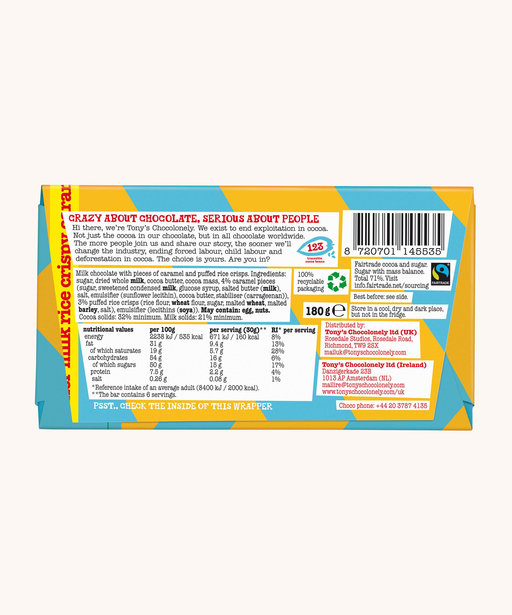 Tony's Chocolonely Rice Crispy Caramel Milk Chocolate Bar shown in it's paper packaging, the back of the packaging is showing the ingredients list, nutrition information, weights and barcode. 