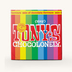 The rainbow coloured box of Tony's Chocolonely Tiny Tony's Gift Box on a cream background