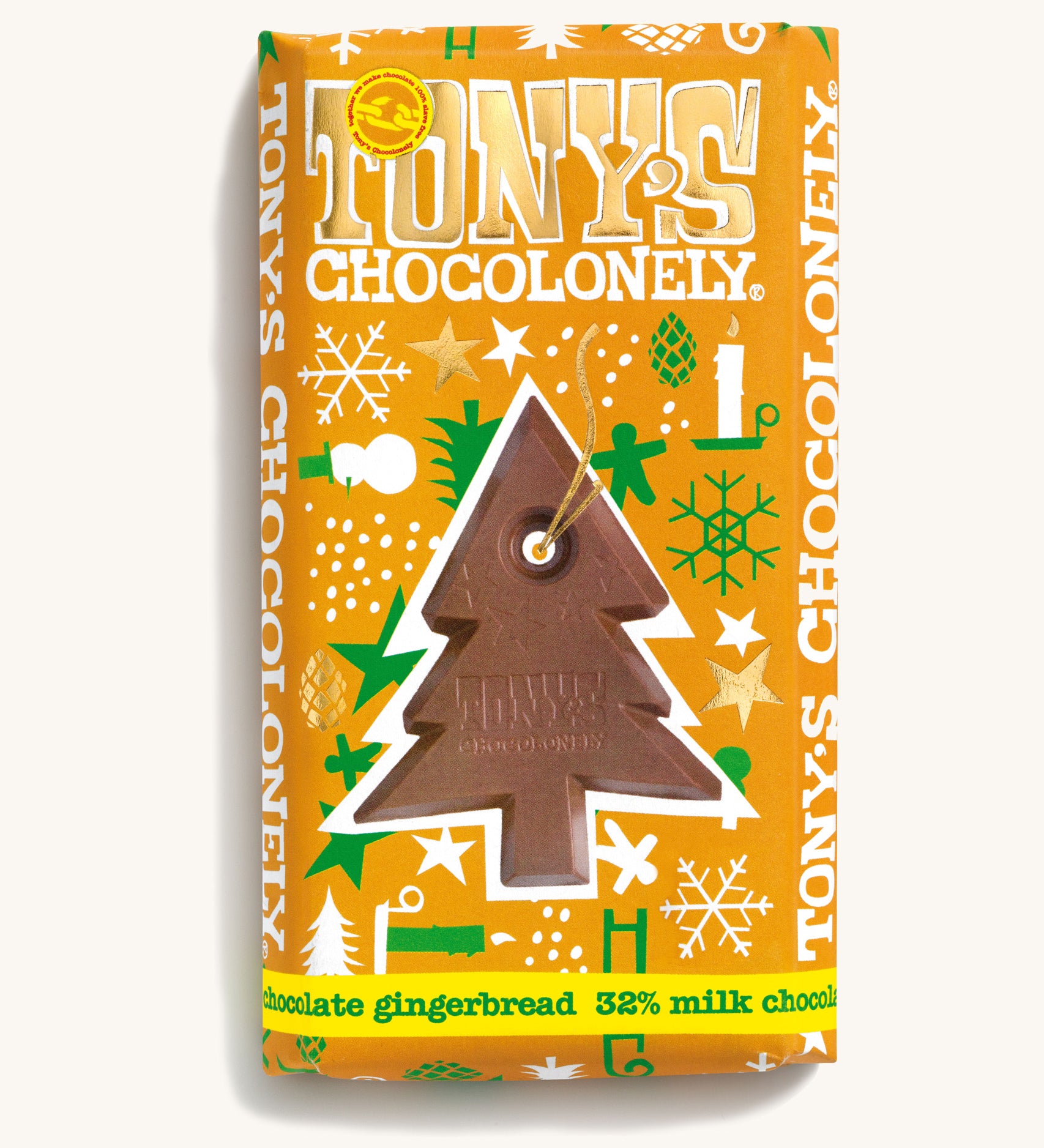 Tony's Chocolonely Fairtrade milk chocolate gingerbread bar on a cream background