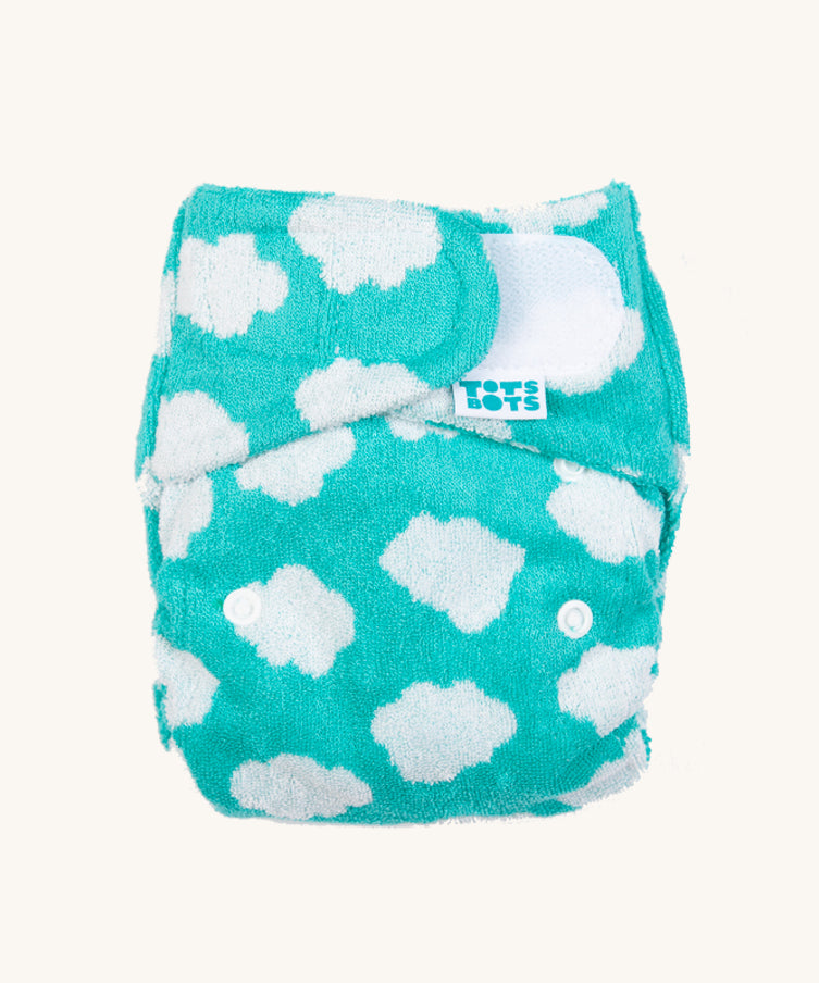 Tots Bots Bamboozle Birth to Potty nappy in a green fluffy clouds print. 