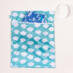 Tots Bots Wet andDry Bag in the Fluffy Clouds print with a bamboozle nappy in the front pocket