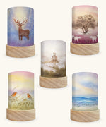Set of 5 Toverlux Lantern Shades by Baukje Exler translucent oil pastel artworks of quite early mornings including 5 different scenes. A deer in a snow covered forest, grazing sheep, shepherd herding sheep, robin readbreasts amongt foliage and wave chaser sanderling birds on a wave. 