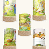 Set of 5 Toverlux Lantern Shades by Mhairi Hellbrandt pencil and paint artworks of gnome tales including 5 different seasonal illustrations on each. Spring gnomes with a blue tit,  Summer gnomes in a tent with a robin, September gnomes harvesting pears, Autumn gnomes mending clothes and Winter gnomes riding a fox in a snow covered forest.