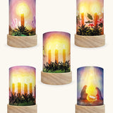 Set of 5 Toverlux Lantern Shades by Vogel Geluk, transparency artworks of advent including candles, festive foliage, crystals and the traditional Christmas nativity scene with Mary, Joseph and Baby Jesus.