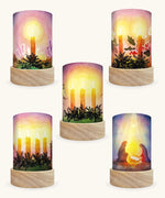 Set of 5 Toverlux Lantern Shades by Vogel Geluk, transparency artworks of advent including candles, festive foliage, crystals and the traditional Christmas nativity scene with Mary, Joseph and Baby Jesus.