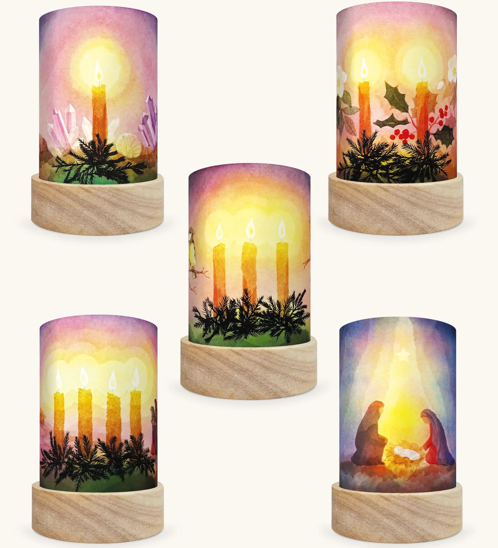 Set of 5 Toverlux Lantern Shades by Vogel Geluk, transparency artworks of advent including candles, festive foliage, crystals and the traditional Christmas nativity scene with Mary, Joseph and Baby Jesus.