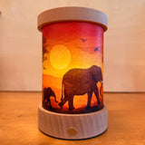 Toverlux Lantern shade by Vogel Geluk, transparency artworks of fauna  featuring elephants walking in a sunset. The shade has been displayed in a lit lantern. 