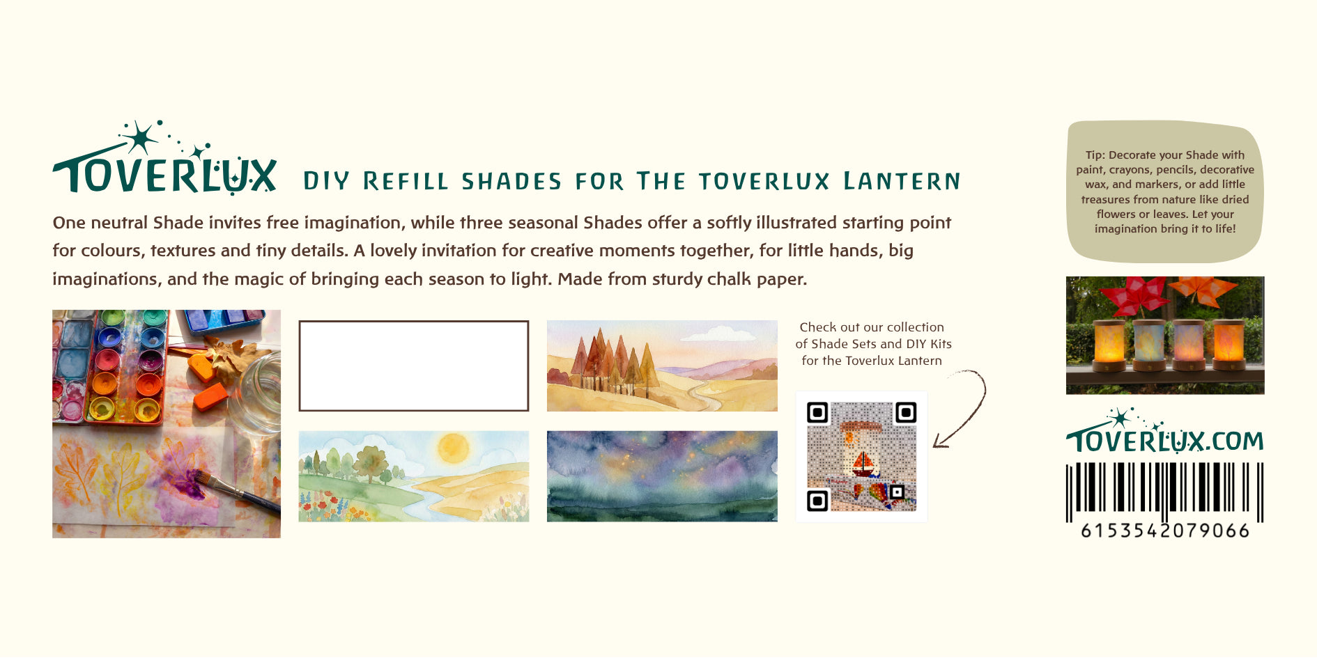 Toverlux Seasons DIY lantern shades. Three softly illustrated seasonal shades and one plain shade ready to decorate and add details to.
