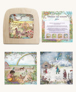 The Toverlux Edulux Through the Seasons Set on display; the Autumn silhouette is in the Toverlux Magic Lamp, the educational booklet as well as two other silhouettes are also shown.