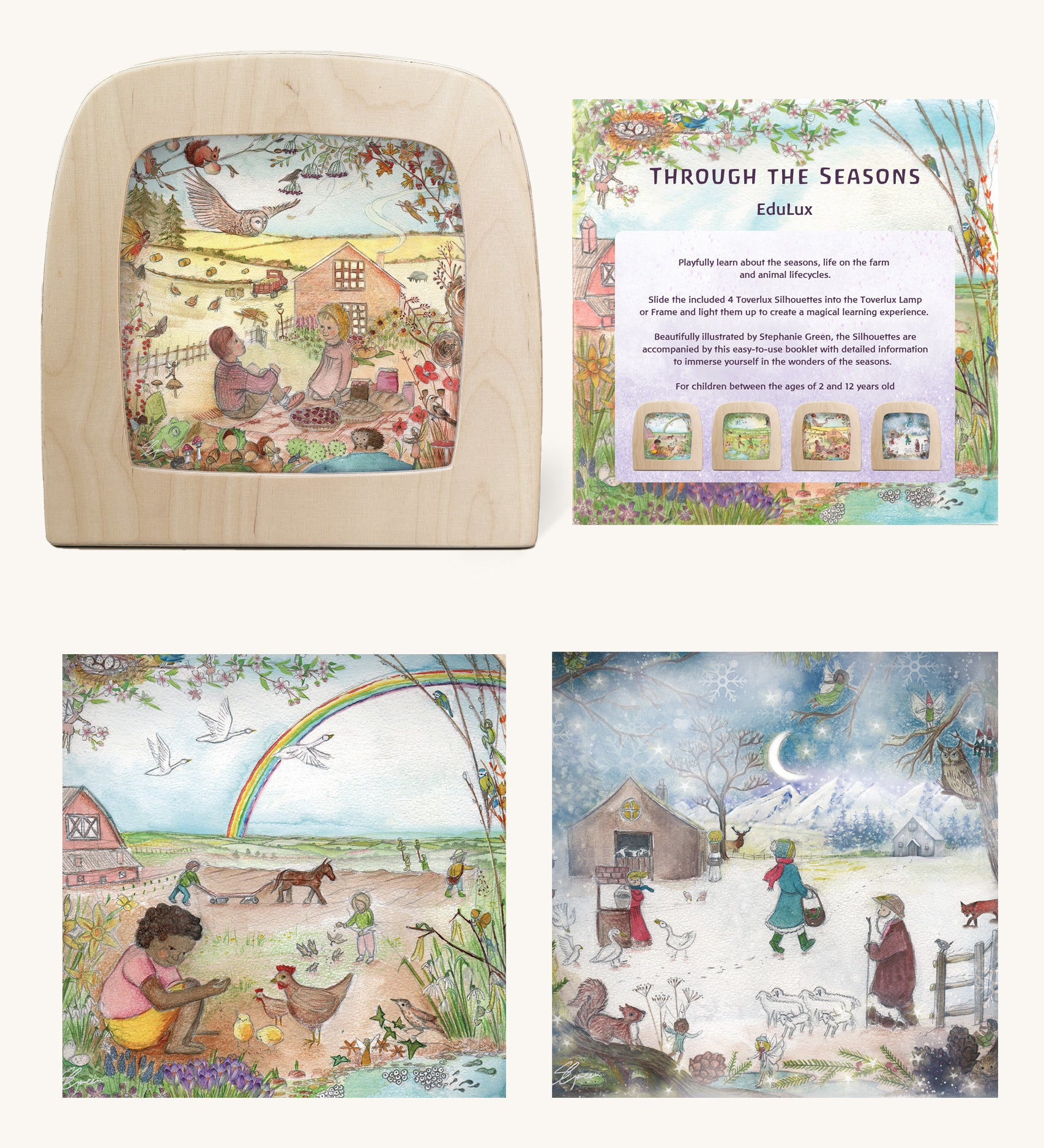 The Toverlux Edulux Through the Seasons Set on display; the Autumn silhouette is in the Toverlux Magic Lamp, the educational booklet as well as two other silhouettes are also shown.