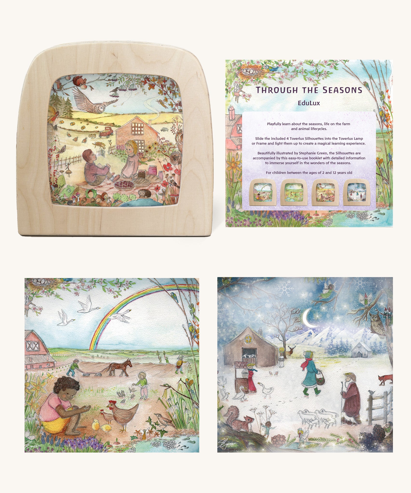The Toverlux Edulux Through the Seasons Set on display; the Autumn silhouette is in the Toverlux Magic Lamp, the educational booklet as well as two other silhouettes are also shown.