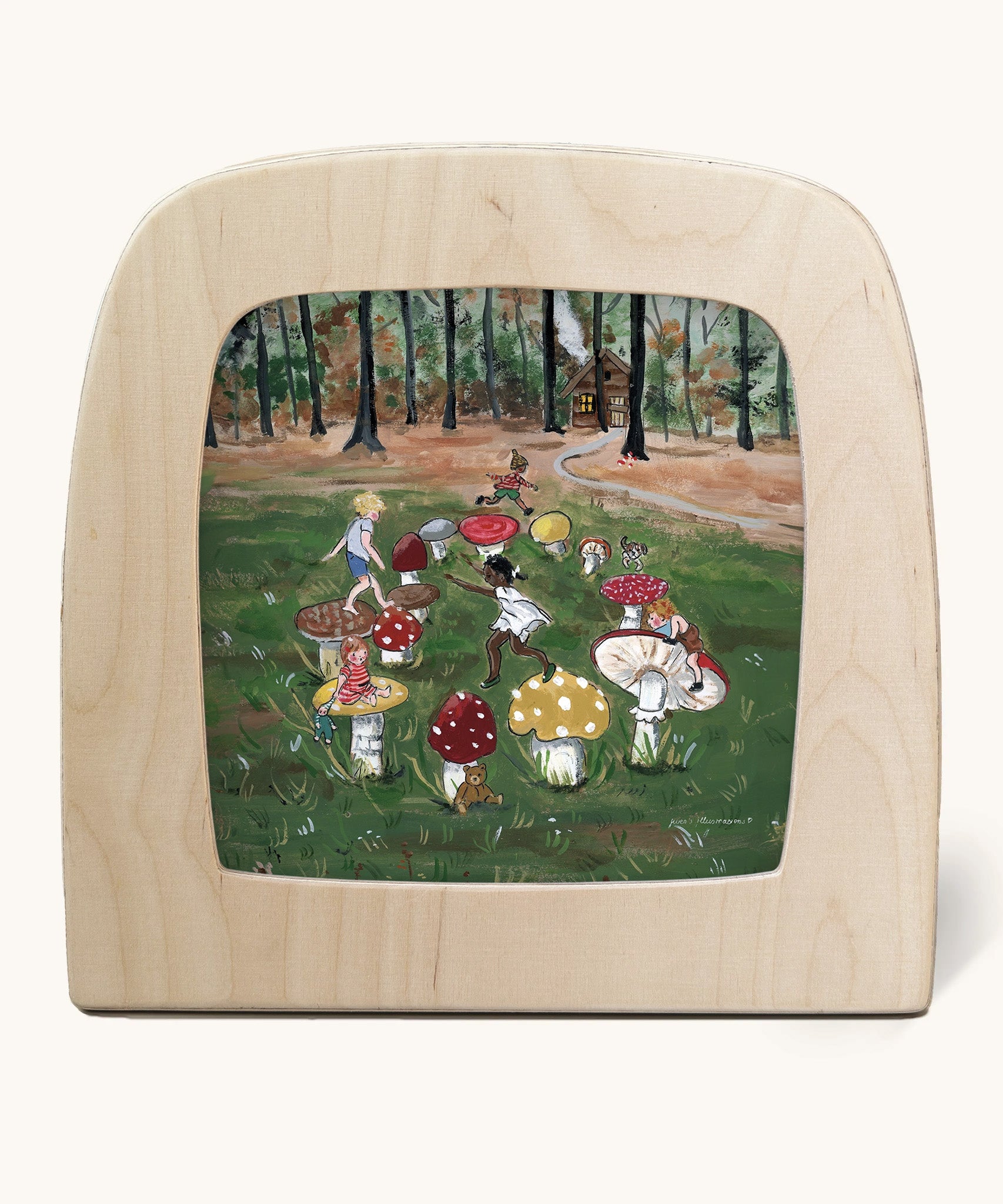 Toverlux Magic Lamp silhouette by artist Gwen van Knippenberg. A watercolour and pencil style illustration of children playing and jumping on toadstools in a woodland.