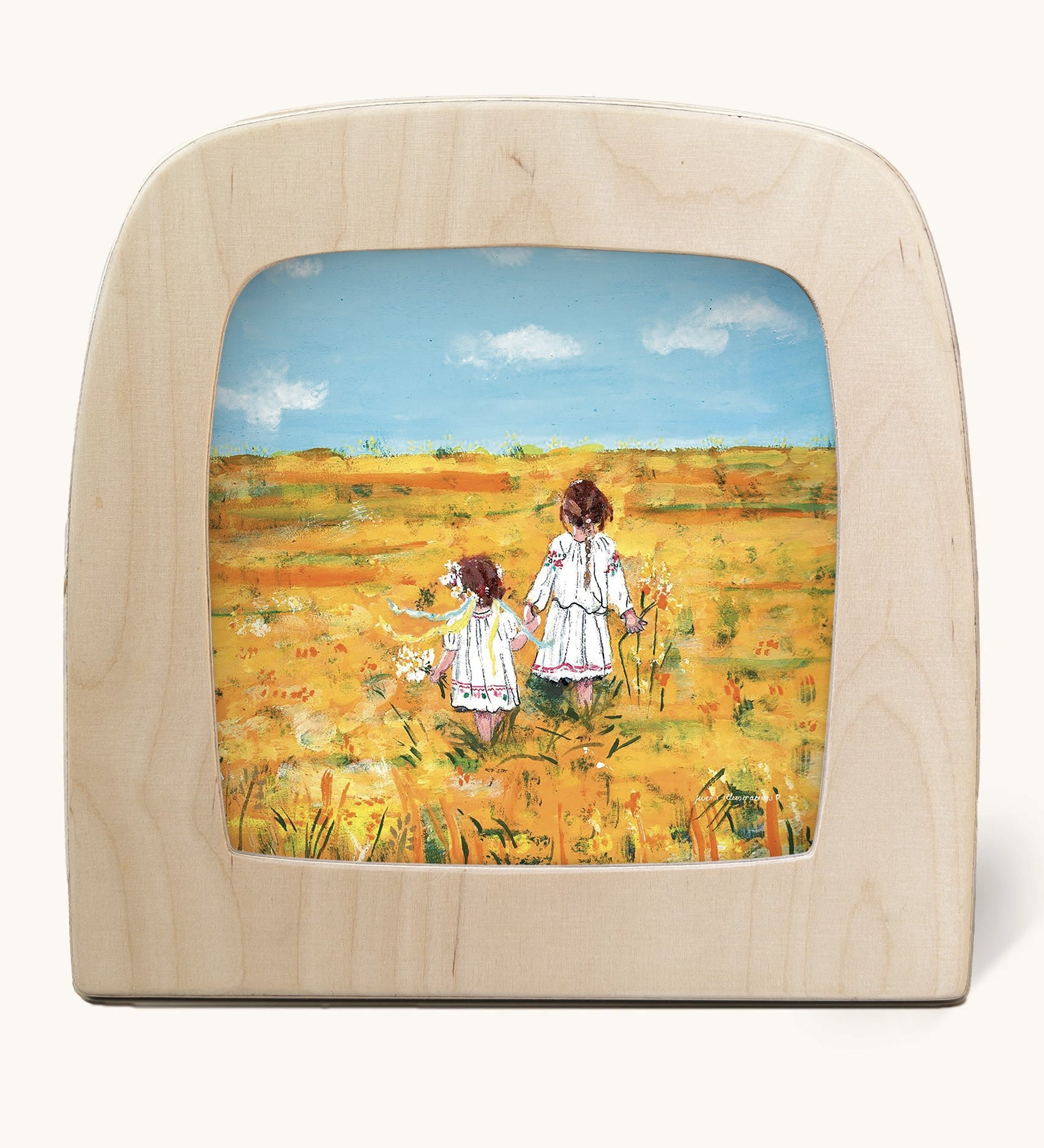 Toverlux Magic Lamp silhouette by artist Gwen van Knippenberg. A watercolour and pencil style illustration of two sisters in white dresses walking through a yellow barley field.