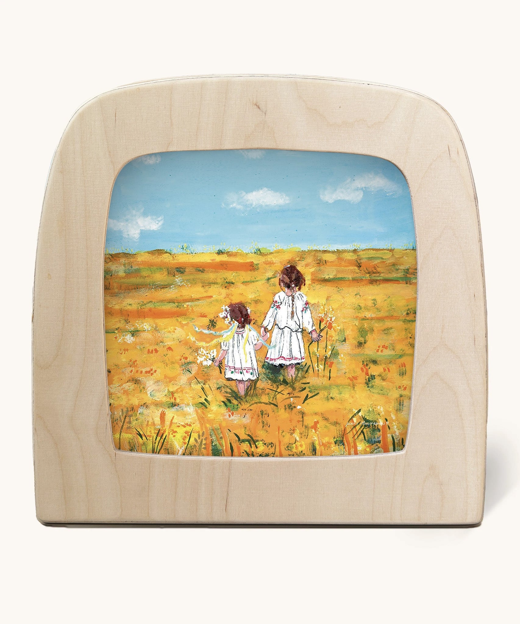 Toverlux Magic Lamp silhouette by artist Gwen van Knippenberg. A watercolour and pencil style illustration of two sisters in white dresses walking through a yellow barley field.