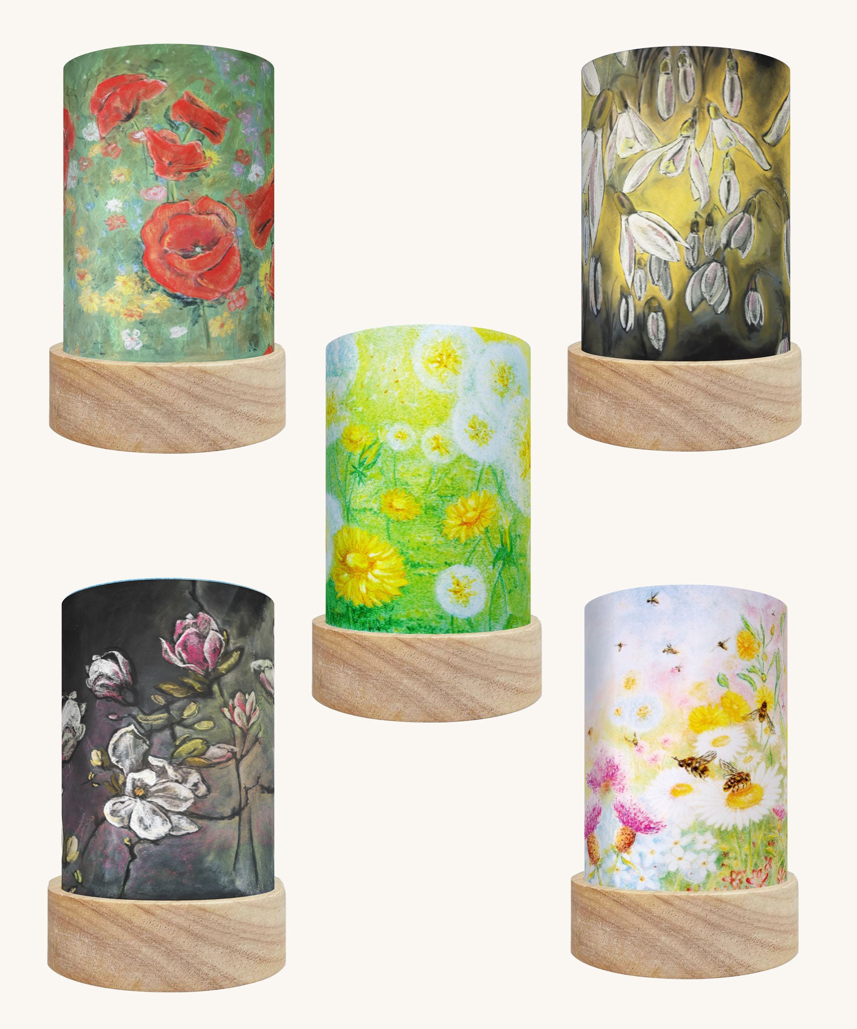Toverlux Kapitein Kalk flowers artwork lantern shades in a pack of 5.  Poppies, snowdrop, field of wishes, magnolia and bee pastures. 