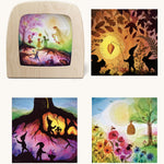 Toverlux starter lamp set featuring artwork by artist Vogel Geluk. One silhouette is seen in the lamp and the other three are pictured flat on a plain background. 