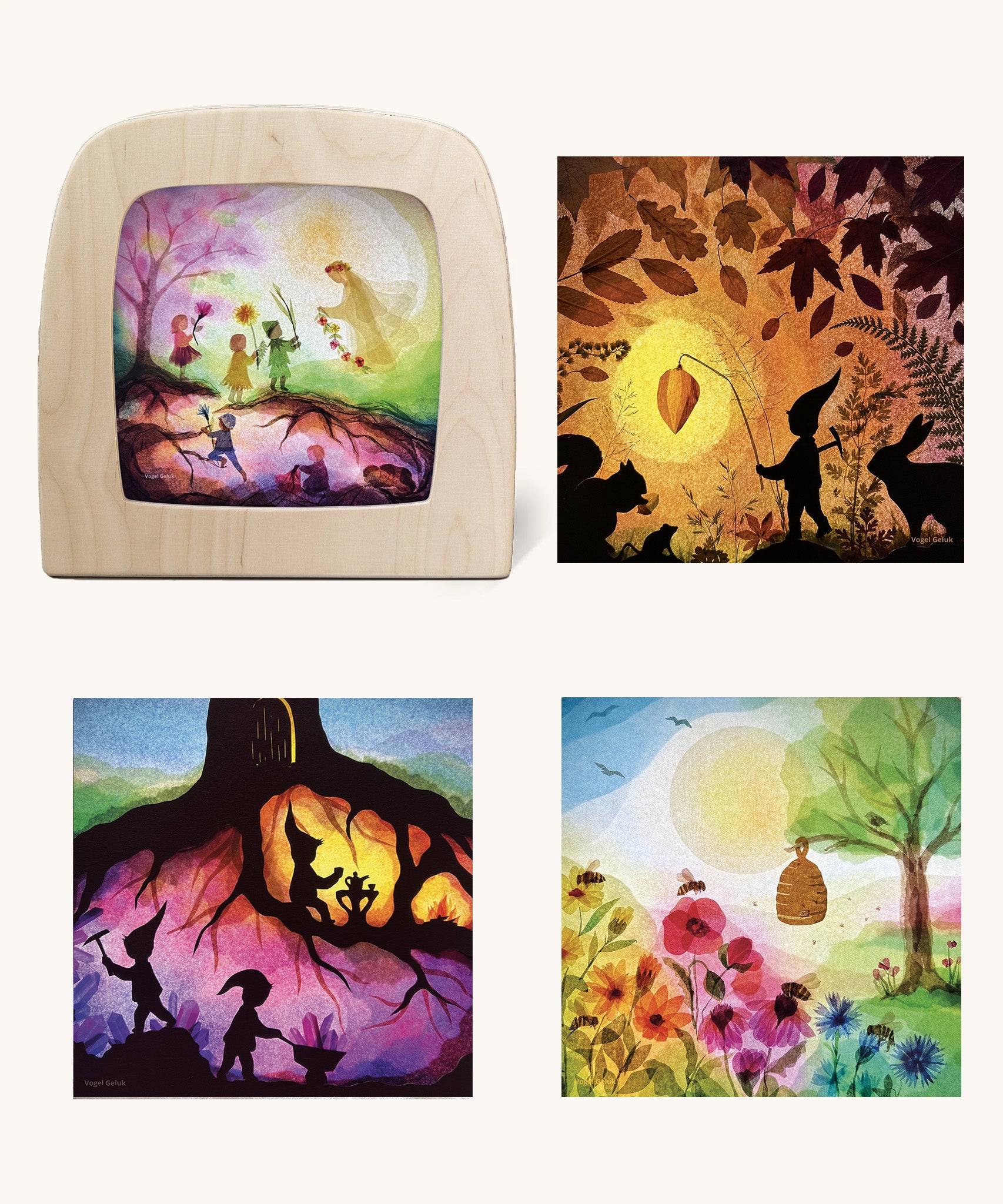 Toverlux starter lamp set featuring artwork by artist Vogel Geluk. One silhouette is seen in the lamp and the other three are pictured flat on a plain background. 