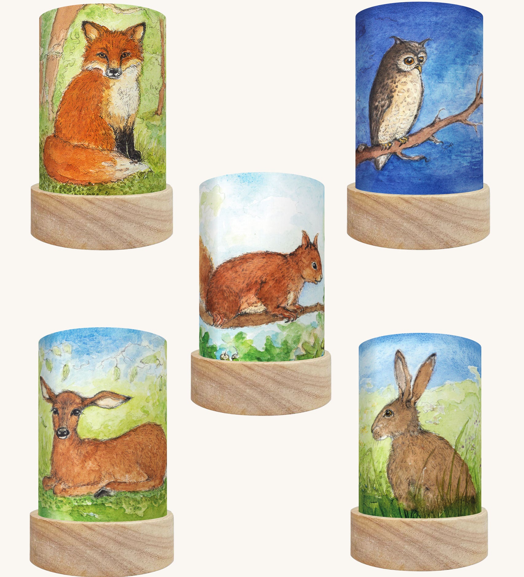 Toverlux Eentje Van Margo artwork lantern shades in a pack of 5. Fox, owl, squirrel, foe and hare.