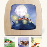 Toverlux silhouettes with artwork by Sophia Drescher, matching Hrokur the horse children's storybook. One is shown in the magic lamp, three other designs are pictured below. 