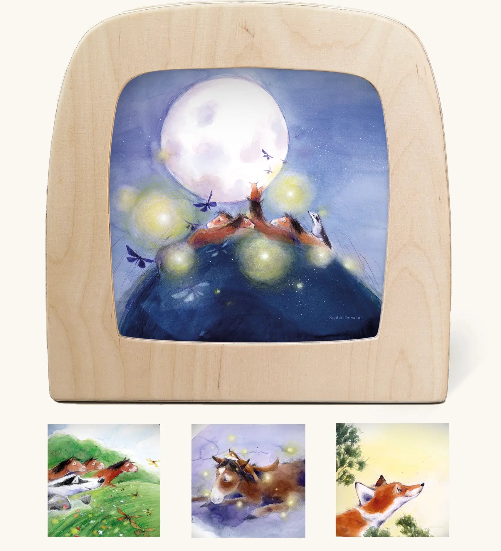 Toverlux silhouettes with artwork by Sophia Drescher, matching Hrokur the horse children's storybook. One is shown in the magic lamp, three other designs are pictured below. 