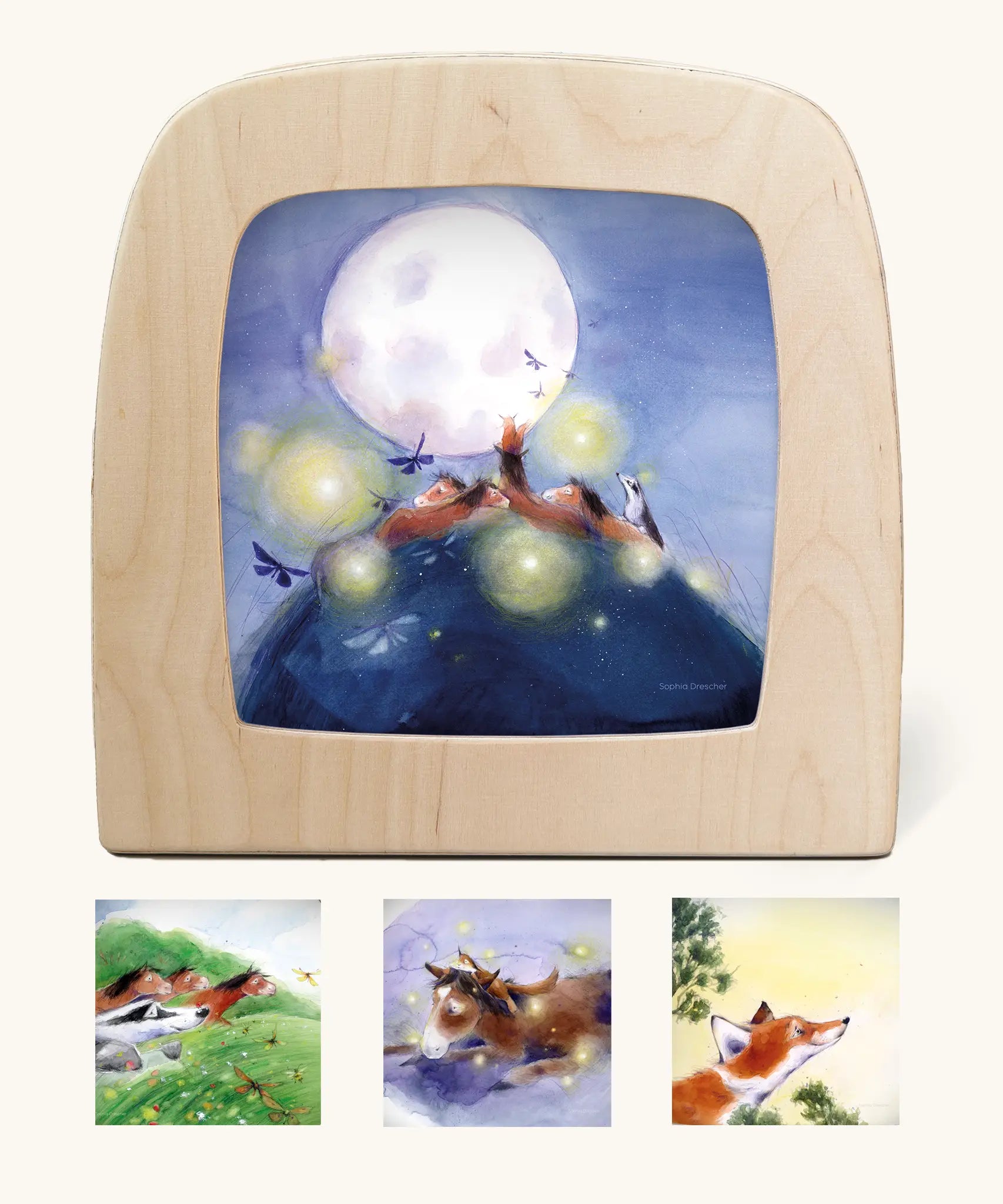 Toverlux silhouettes with artwork by Sophia Drescher, matching Hrokur the horse children's storybook. One is shown in the magic lamp, three other designs are pictured below. 