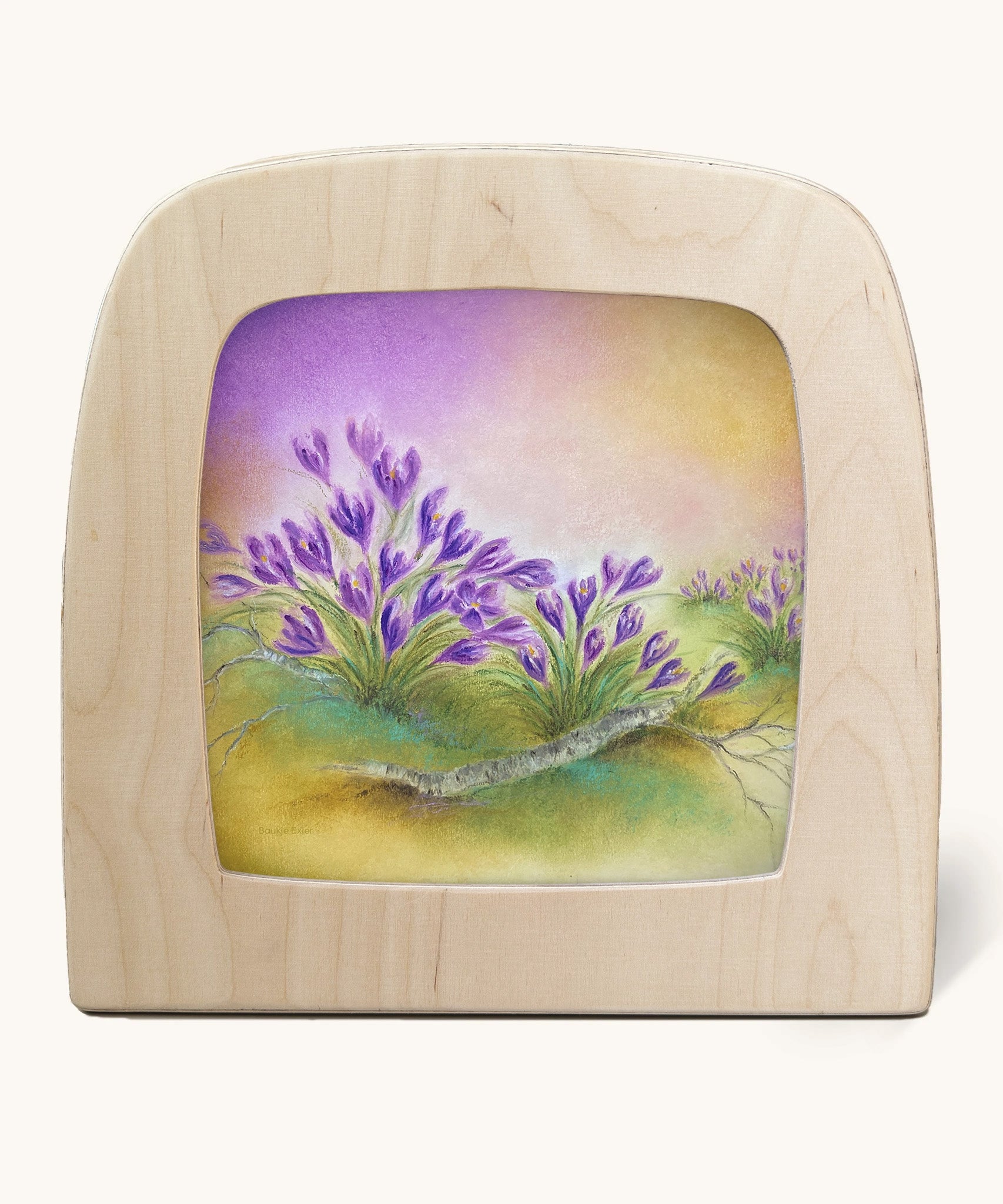 A Toverlux silhouette in the magic lamp, the illustration is of some purple flowers with a dreamy purple and yellow sky in the background.
