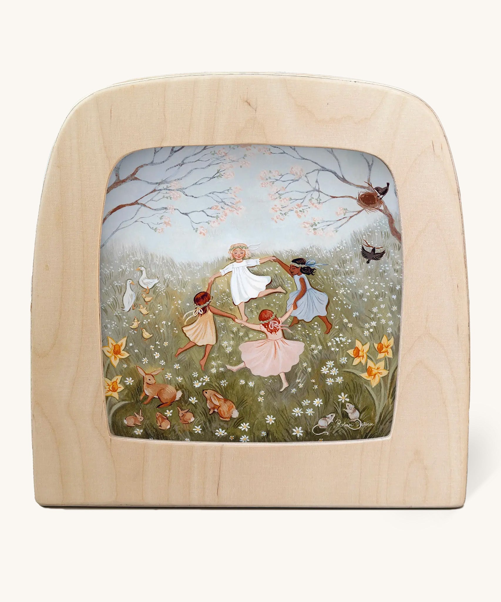 Spring dance Toverlux Magic Lamp Silhouette. Artwork By Robin-Pieterse. A delicate painting style illustration of 4 children dancing in a field surrounded by flowers and woodland animals