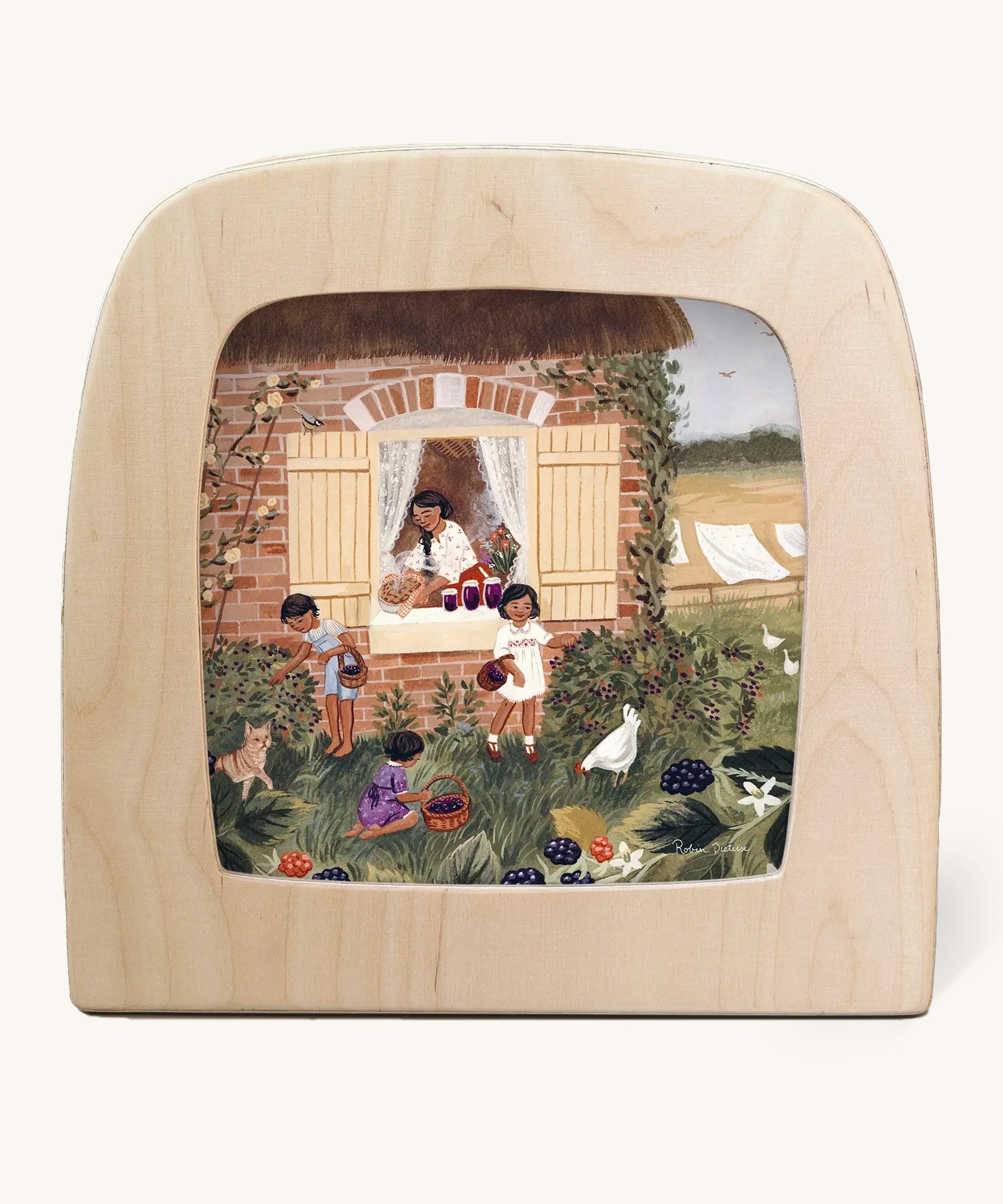Blackberry pie Toverlux Magic Lamp Silhouette. Artwork By Robin-Pieterse. A delicate painting style illustratio of 3 children picking blackberries in the garden with the mother serving a pie through the open window