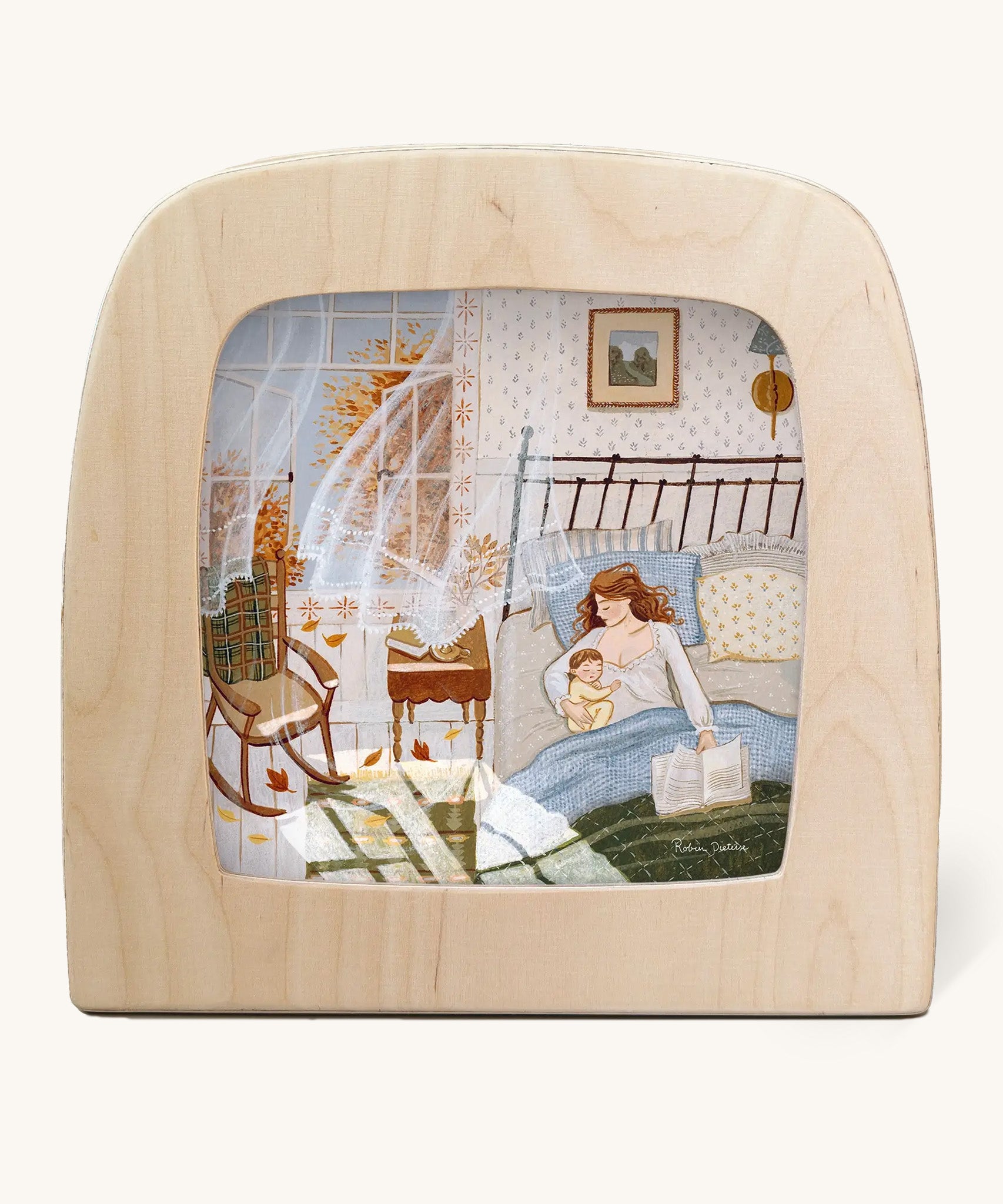 Morning bliss Toverlux Magic Lamp Silhouette. Artwork By Robin-Pieterse. A delicate painting style illustration of a mother and child in bed next to a rocking chair and bedside cabinet with the window open 