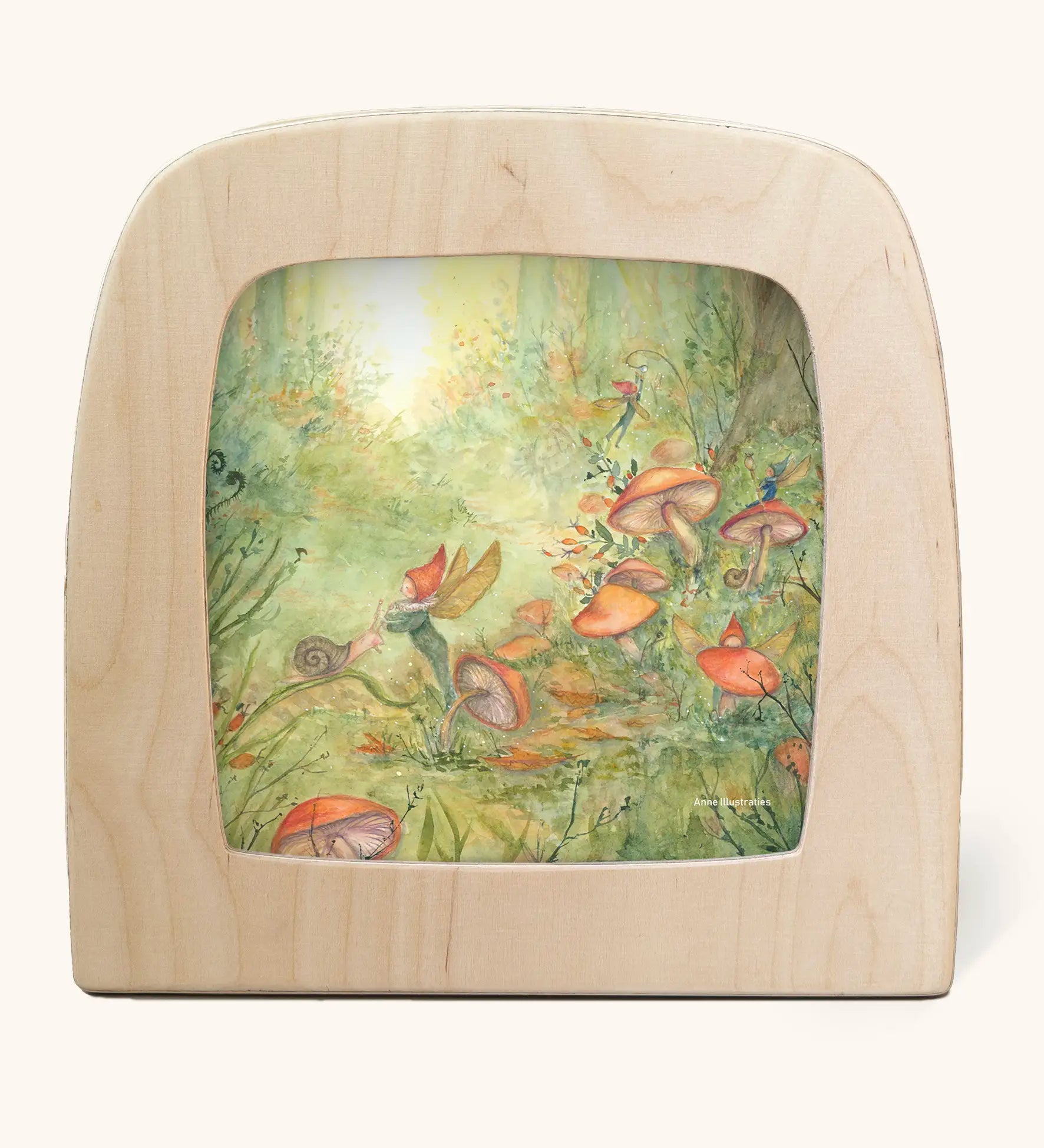 Toverlux Magic Lamp silhouette by Anne illustrates, pixie forest artwork of pixies and fairies in a magical forest schence with snails among mushrooms, ferns and foliage.