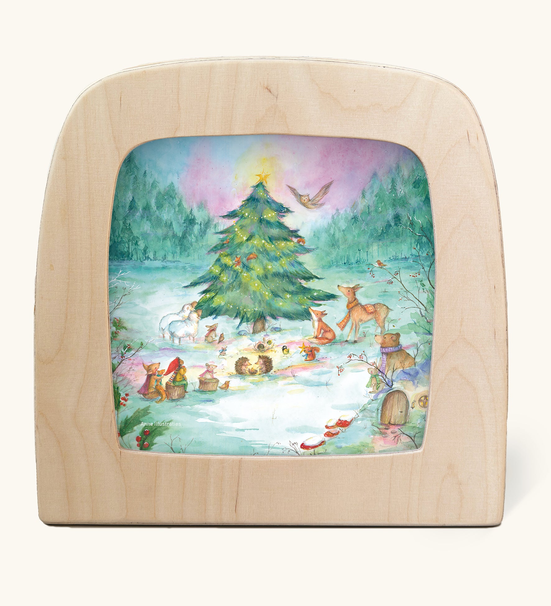 Toverlux Magic Lamp silhouette by Anne illustrates, yuletree grove artwork of a Christmas tree surrounded by forest animals and gnomes surrounded by festive foliage and snow topped toadstools.