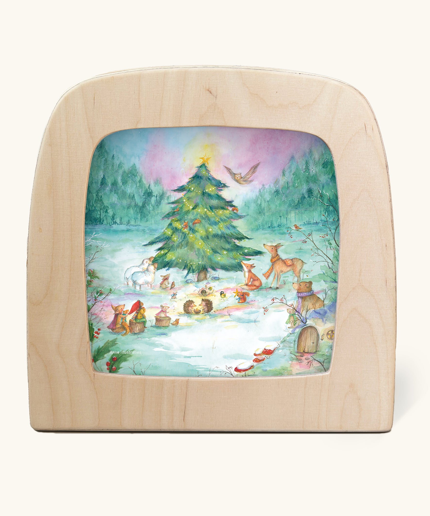 Toverlux Magic Lamp silhouette by Anne illustrates, yuletree grove artwork of a Christmas tree surrounded by forest animals and gnomes surrounded by festive foliage and snow topped toadstools.