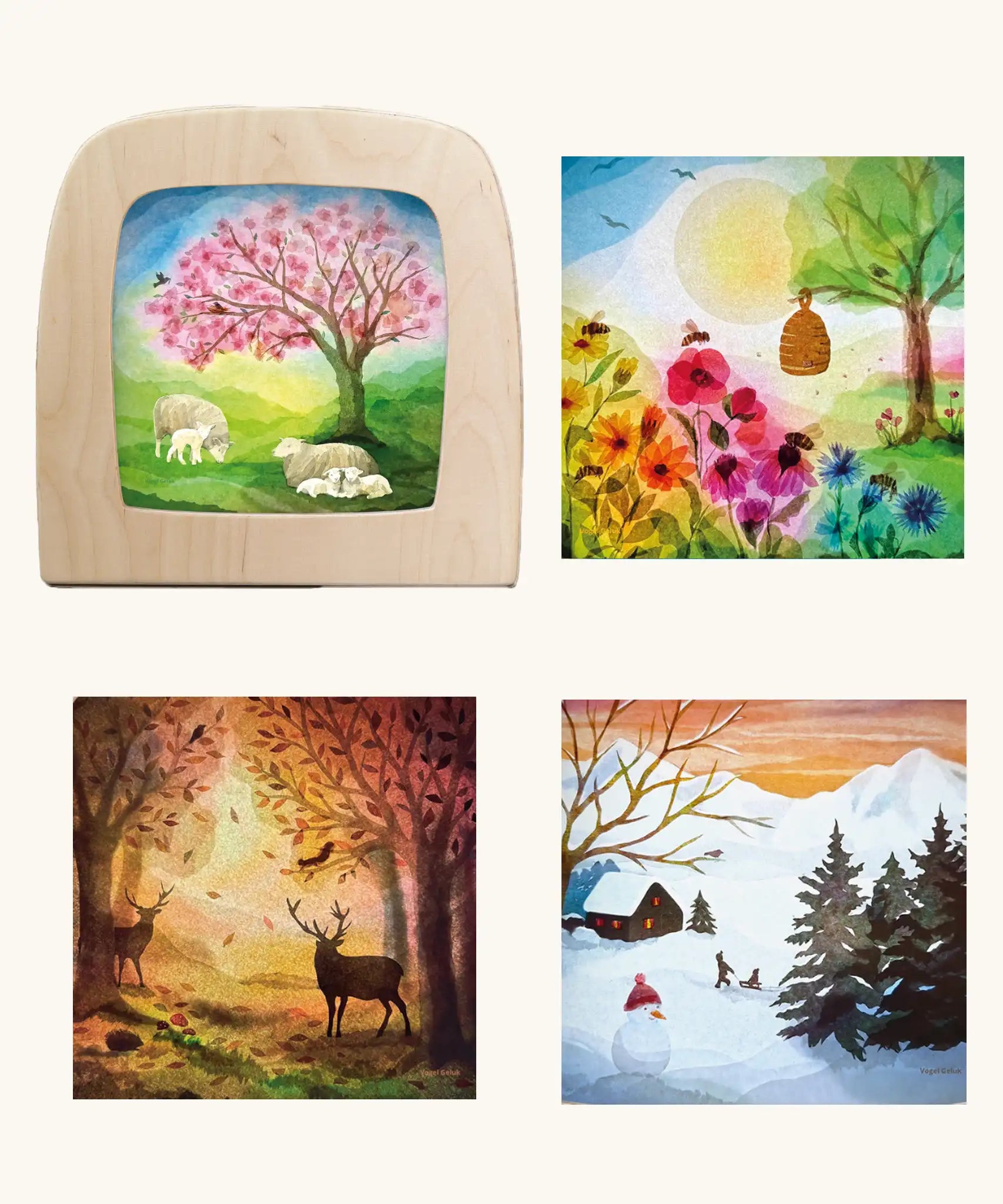 Toverlux Magic Lamp Starter Set – Wooden Light-Up Art Lamp with 4 Magic Silhouettes featuring artwork by Vogel Geluk.
