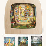 Toverlux Silhouettes featuring artwork by Mhairi Hellbrandt. Library artwork is displayed in a Magic lamp with three other artworks shown underneath, preparing for Christmas, midsummer ritual and enchanted forest.