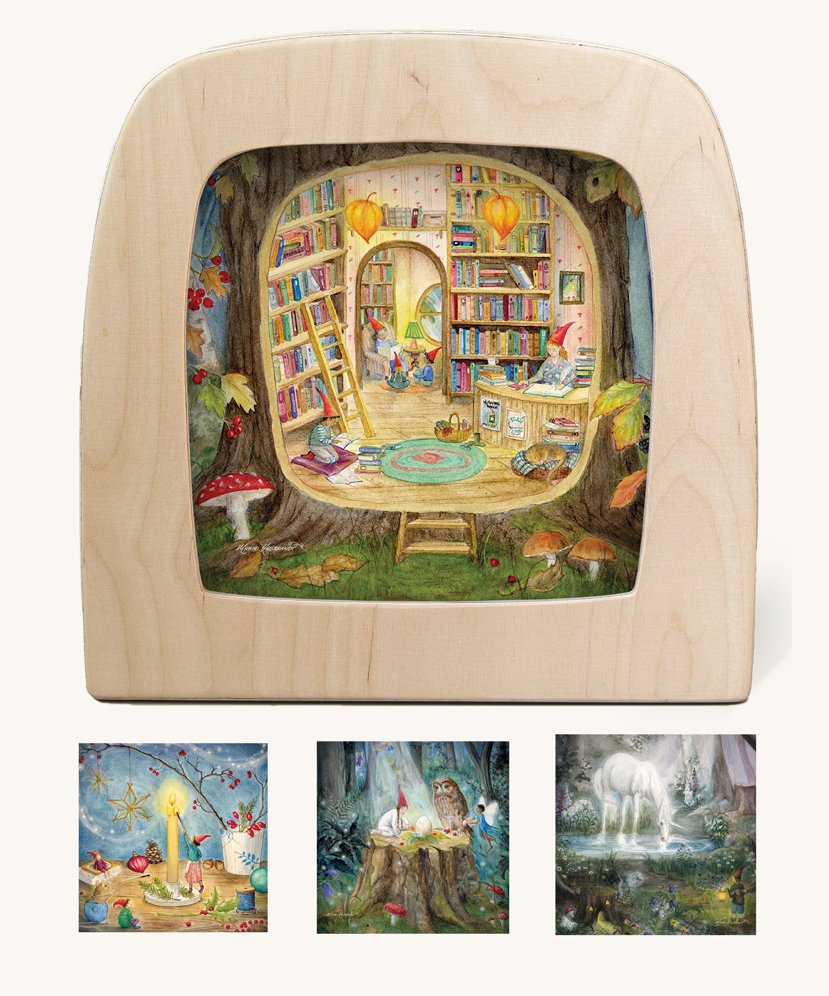 Toverlux Silhouettes featuring artwork by Mhairi Hellbrandt. Library artwork is displayed in a Magic lamp with three other artworks shown underneath, preparing for Christmas, midsummer ritual and enchanted forest.