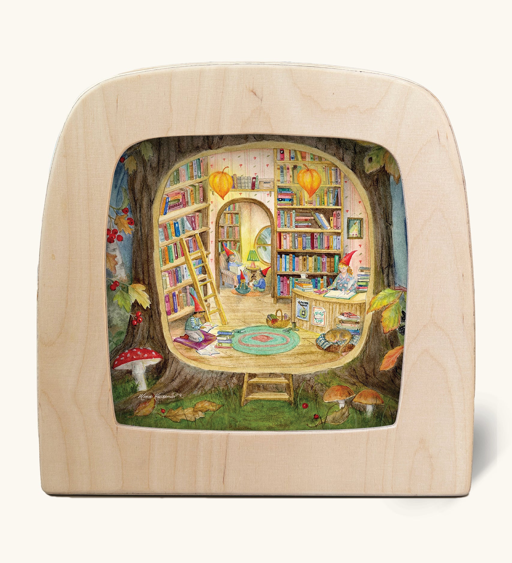 Toverlux silhouette artwork of gnome children in a magical tree trunk library corner. The fantasy scene is made to spark imagination.