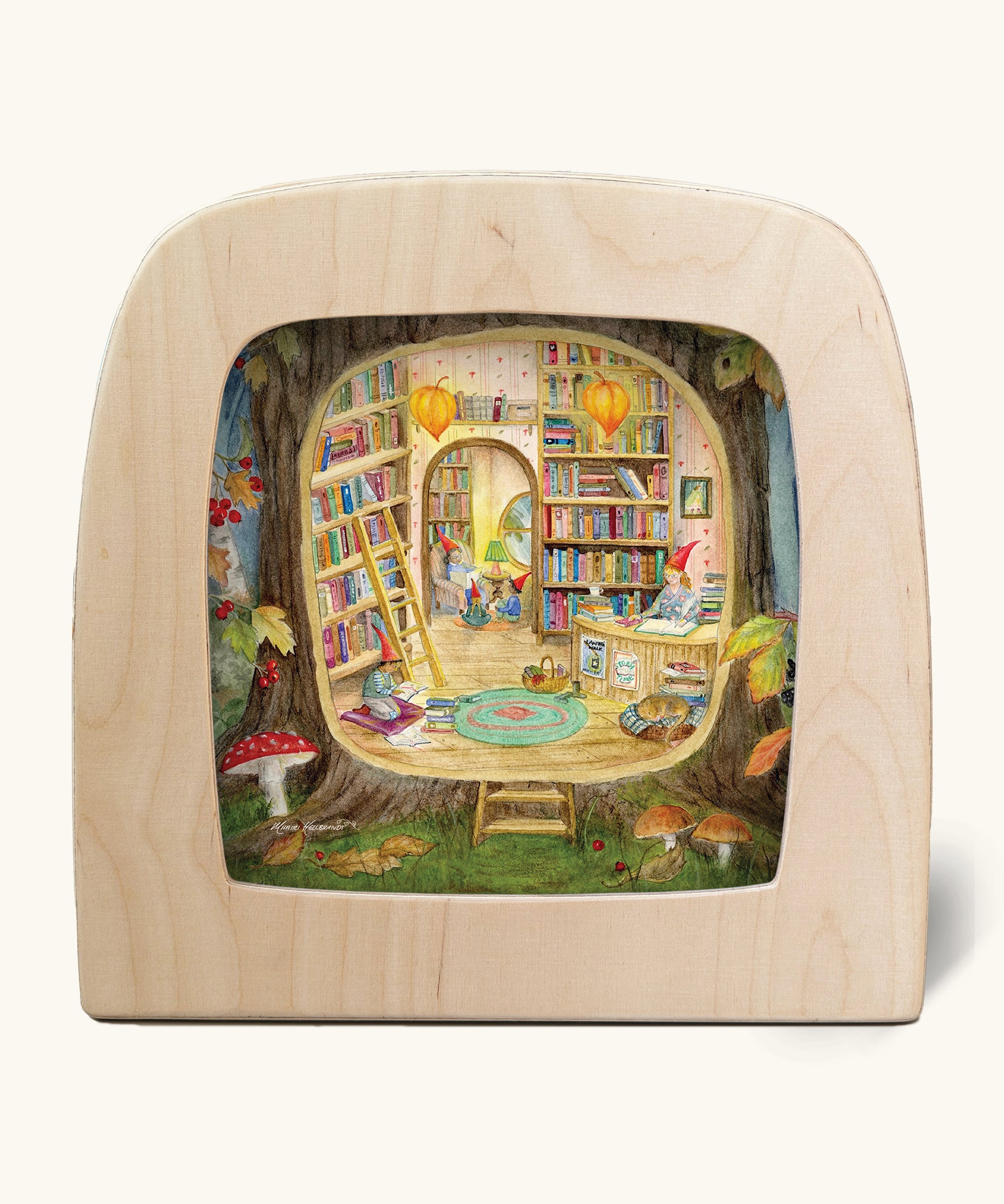 Toverlux silhouette artwork of gnome children in a magical tree trunk library corner. The fantasy scene is made to spark imagination.