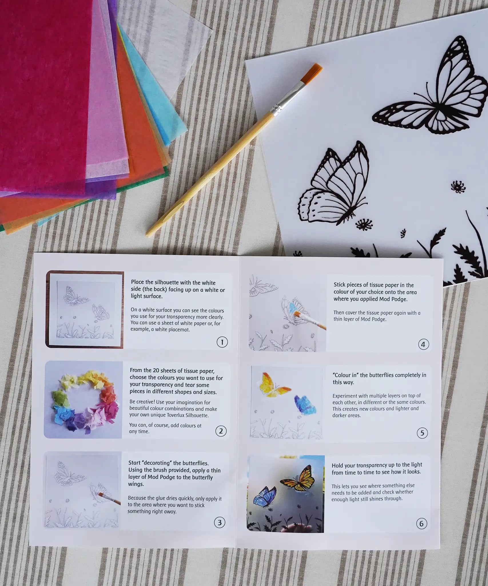 Detailed step by step instruction booklet included with the Toverlux Summer butterflies DIY silhouette transparency craft kit featuring a Vogel Geluk design. 