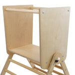 Close up of the Triclimb arben twr enclosure on top of a wooden triclimb pickler triangle on a white background