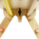Close up of the wooden fixing on the Triclimb arben top deck and wooden steering wheel attachment on a white background