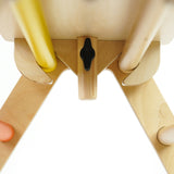 Close up of the wooden fixing on the Triclimb arben top deck and wooden steering wheel attachment on a white background